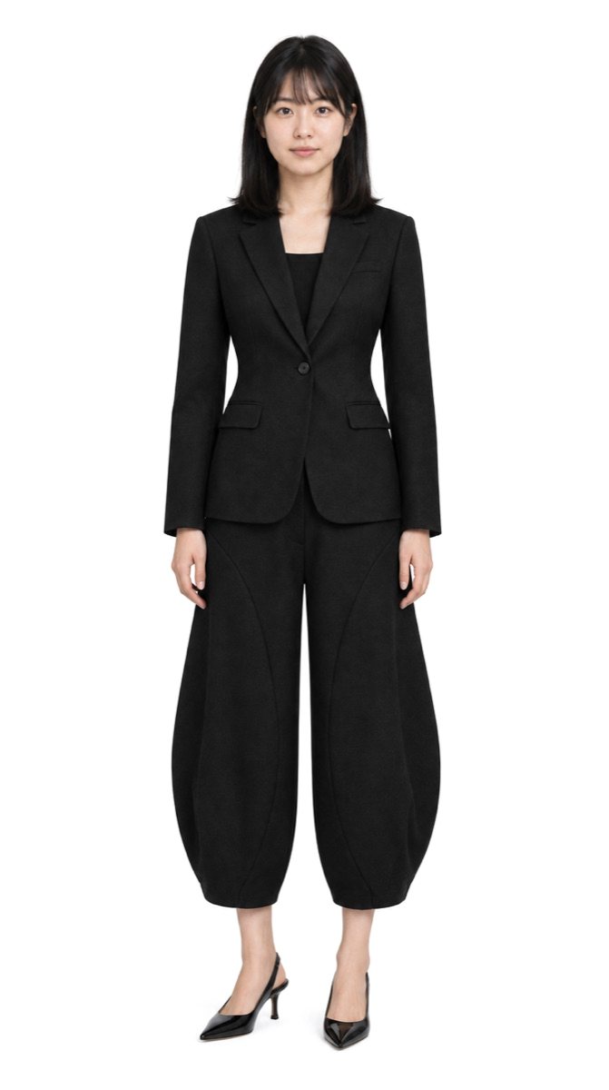 Try-on of a black blazer and wide black trousers