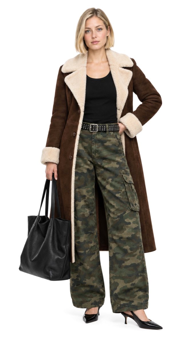 Try-on of a brown shearling coat and camouflage trousers
