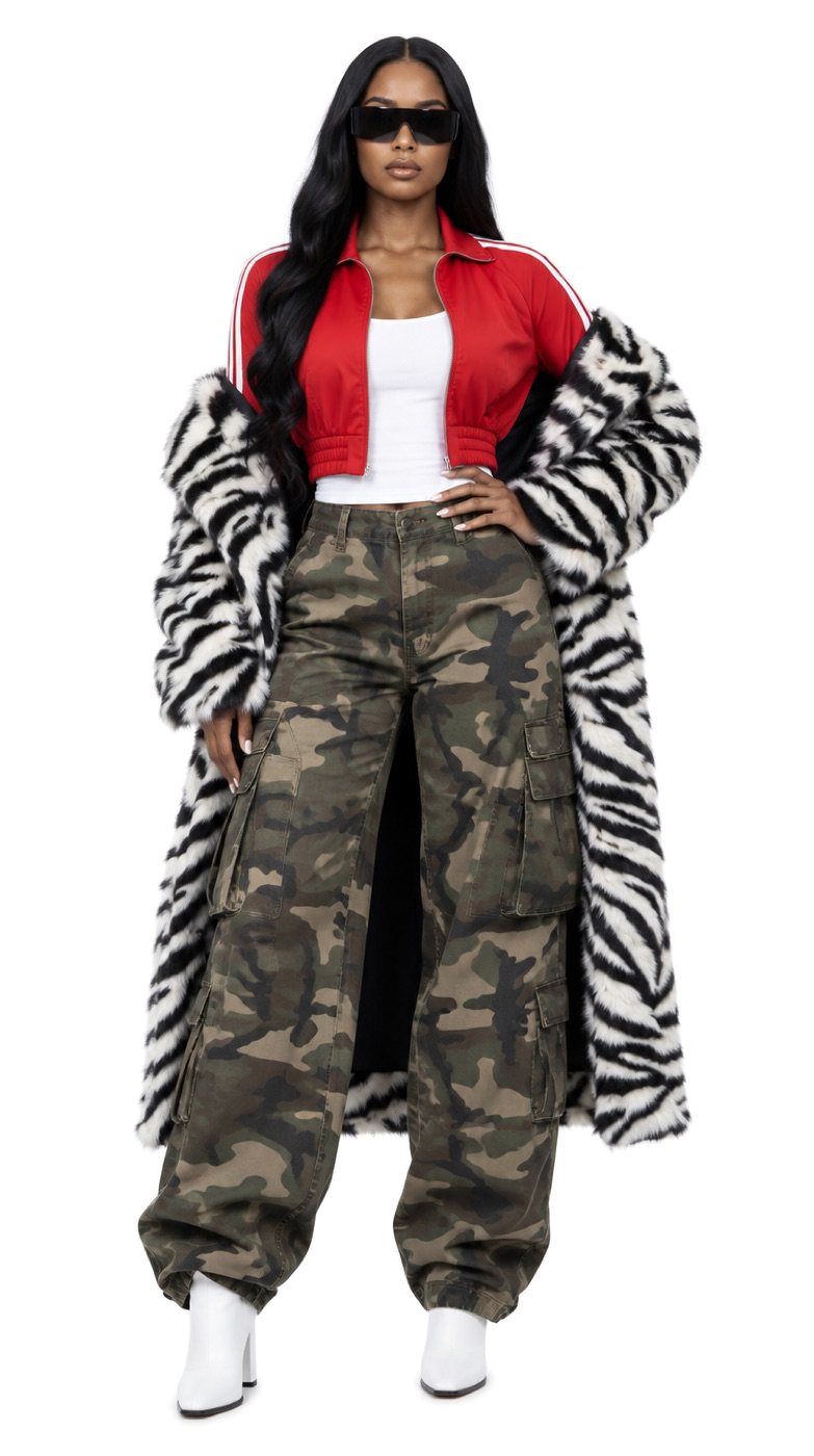 Try-on of a red track jacket, camouflage trousers and a zebra coat