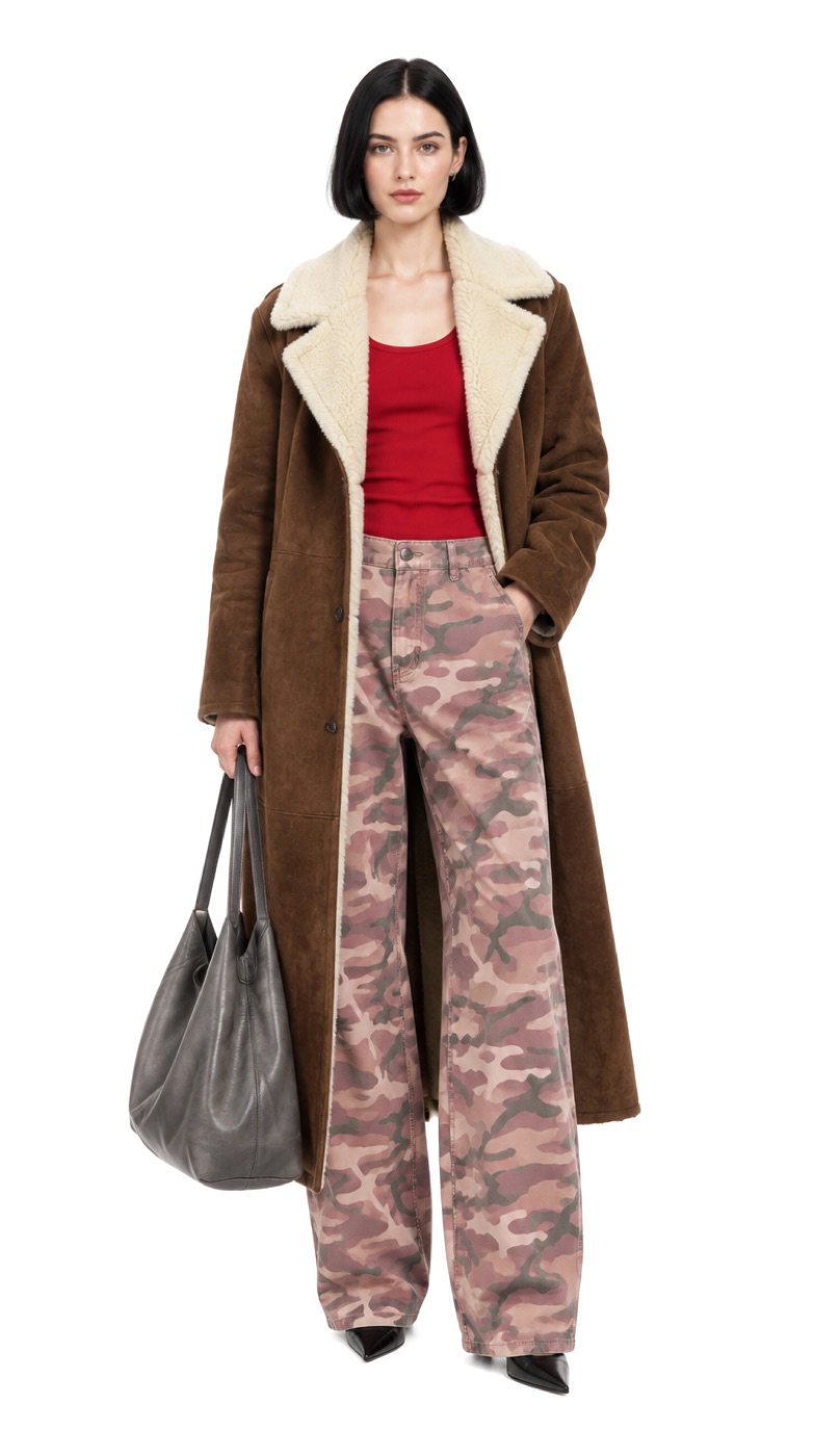 Try-on of a shearling coat, red top and pink camouflage trousers